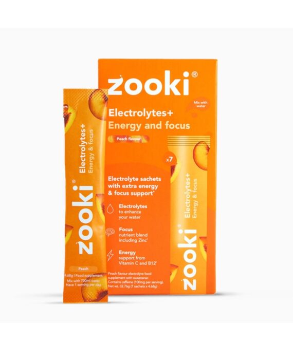 Zooki Electrolytes+ Energy & Focus, Peach Flavour 7 Sachets